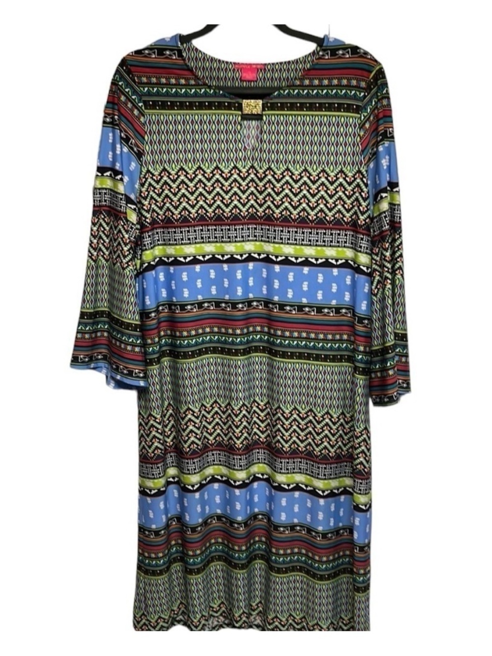 Sunny Leigh 1X Multicolor Boho Shift Dress Bell Sleeve Geometric Print